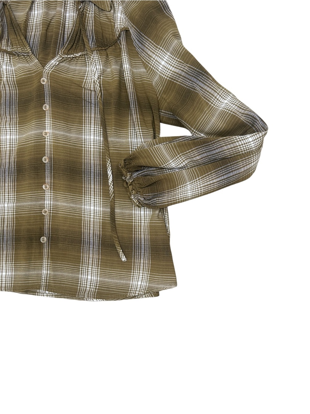 Blu Pepper Plaid Button-Down smocked peasant casual Shirt Tan Cream size small - Picture 9 of 12